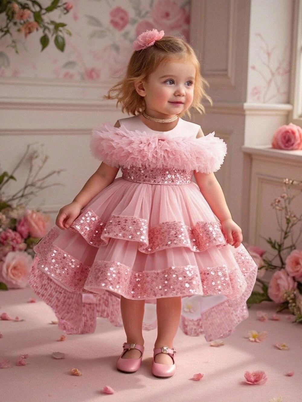 Sequin Tulle Flower Girl Wedding Train Dress